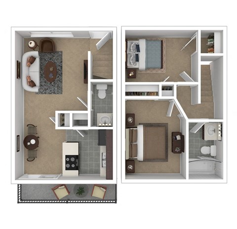Floor plan for 2 beds, 1.5 baths, 1000 sqft